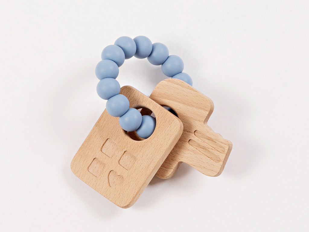 One Chew Three handmade teething rattle with wooden mobile phone and keys