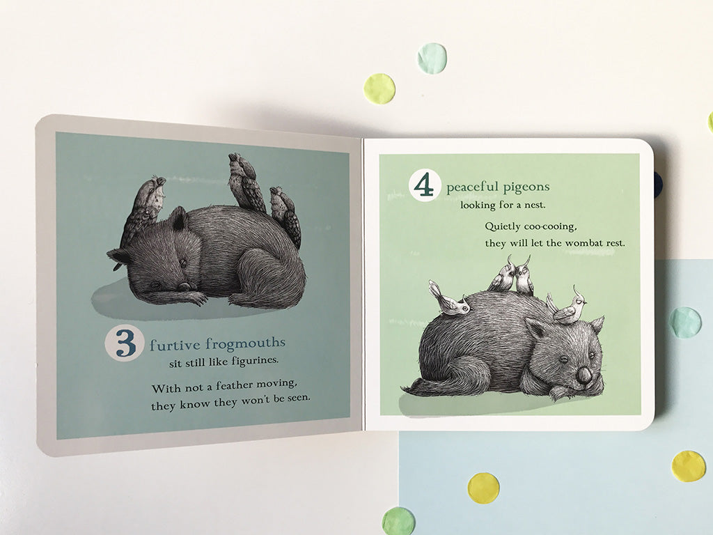 One very tired wombat open to show rhyming text and illustrations of wombats