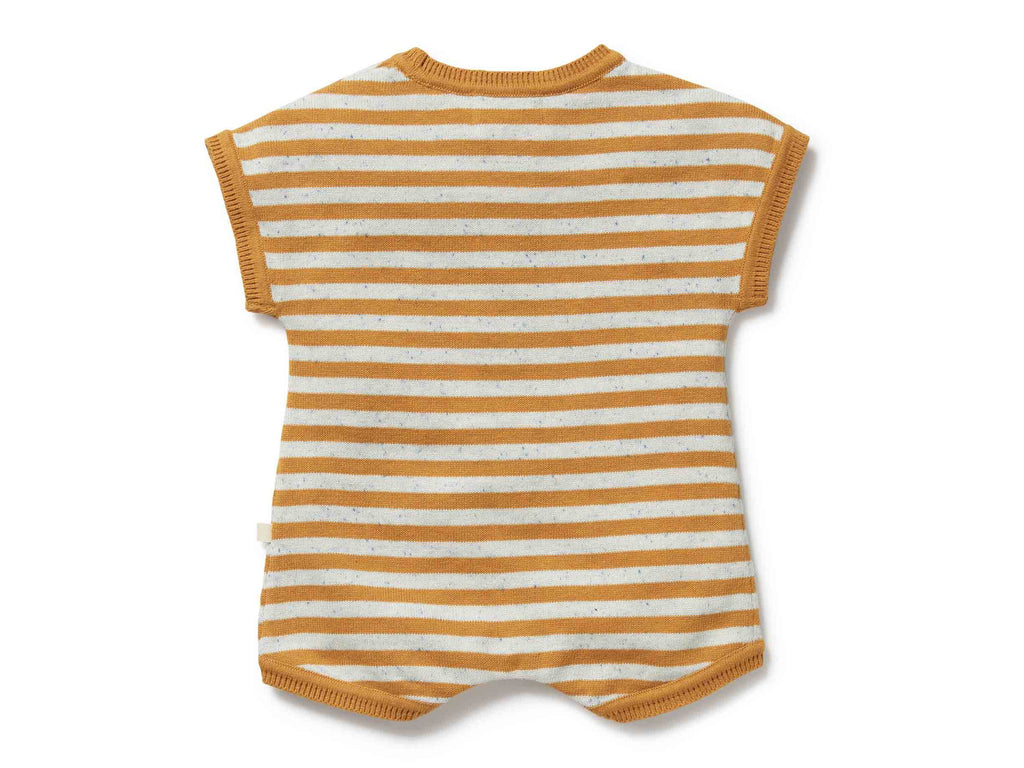 Mustard and white striped baby romper on a white background