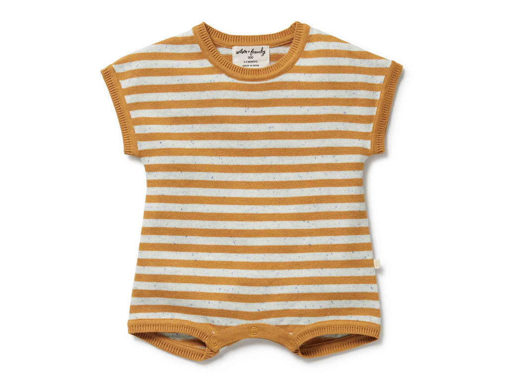 Mustard and white striped baby romper on a white background