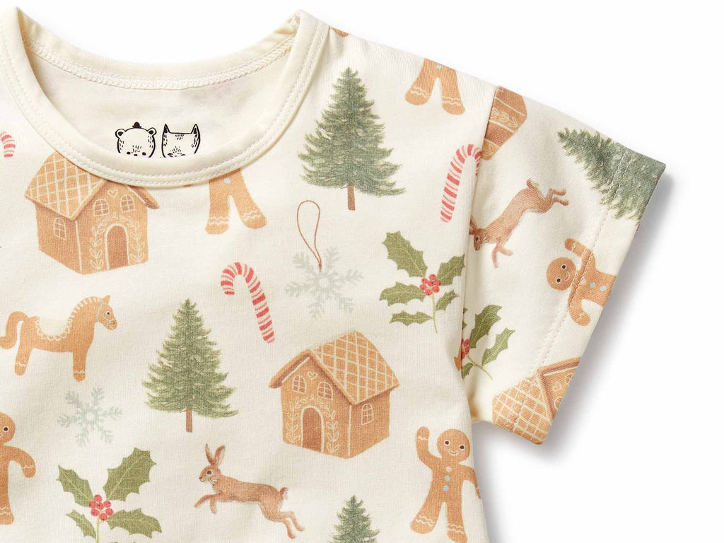 Baby Romper with Christmas-themed pattern on a white background