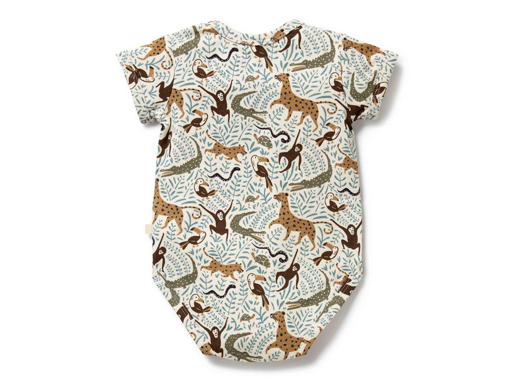 Baby onesie with animal pattern on a white background
