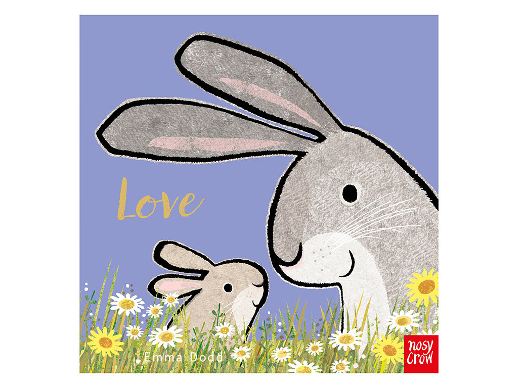 Book cover with two rabbits and the word 'Love' on a purple background