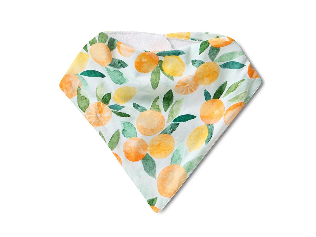 Baby bib with lemon pattern on a white background