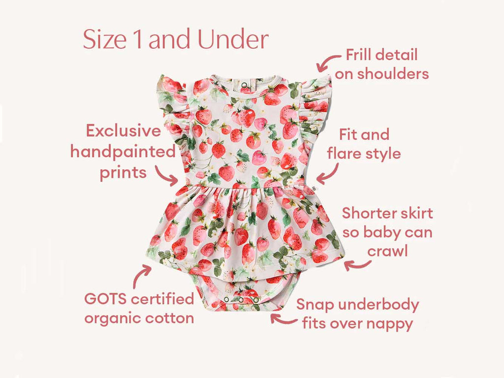 Baby romper with floral pattern on a white background, featuring text details.