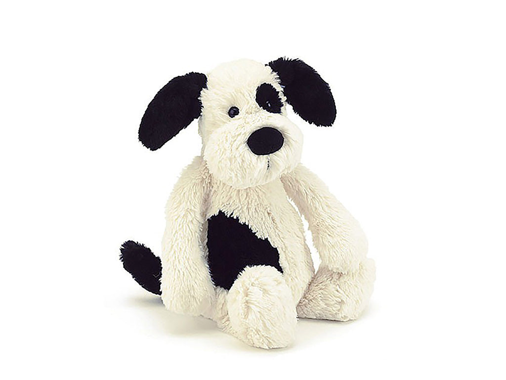 Jellycat black and cream puppy small size sitting down
