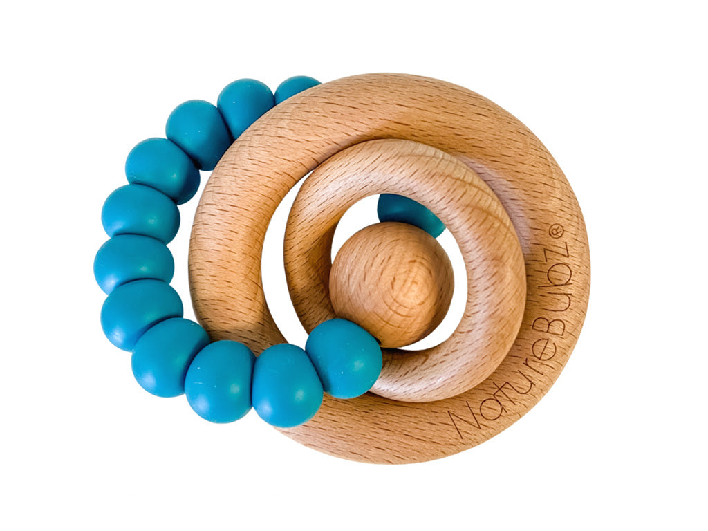 Nature Bubz Zulu teething rattle with teal coloured silicone beads