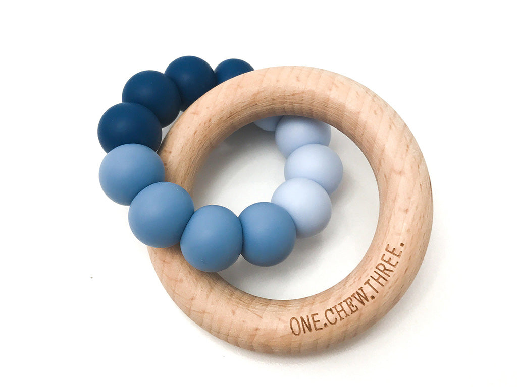 One Chew Three Blue Ombre handmade teething toy