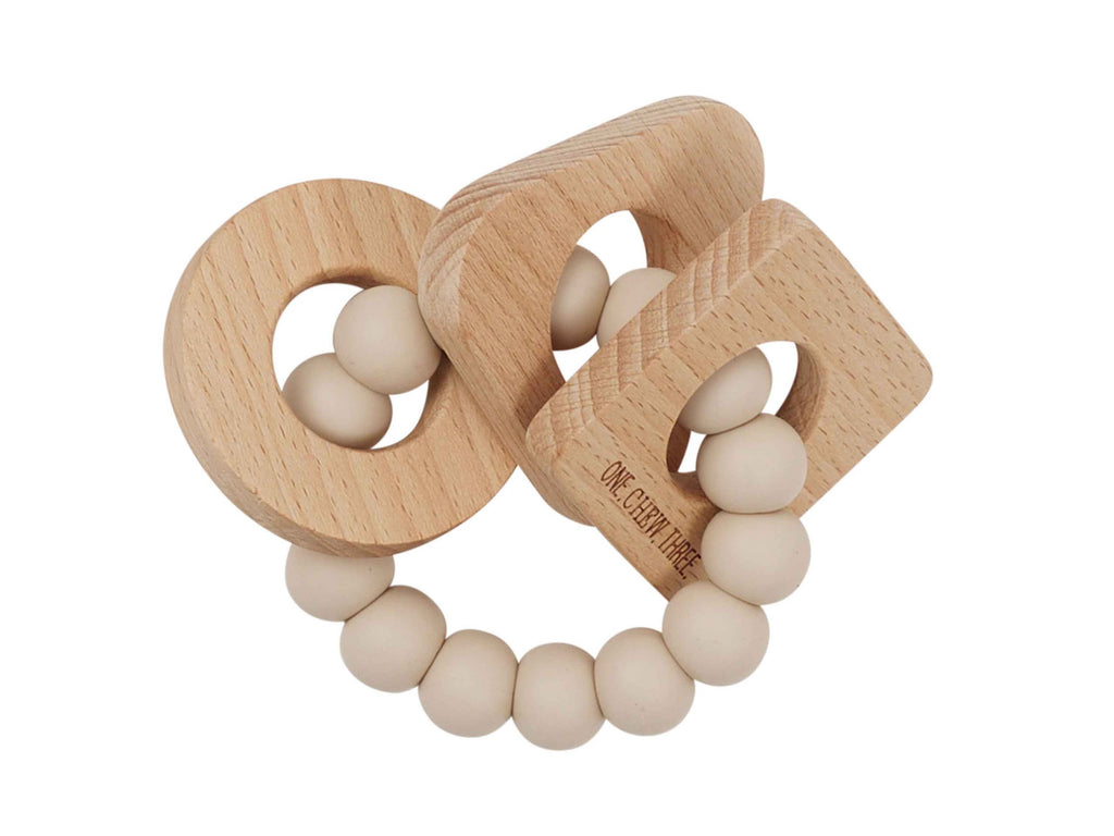 One Chew Three teething Toy with sand coloured silicone beads and wooden shapes