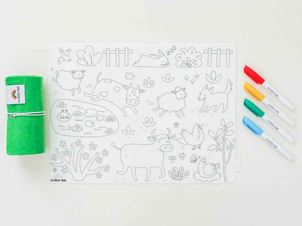 Reusable colouring in mat with textas from Scribble Mat farm themed