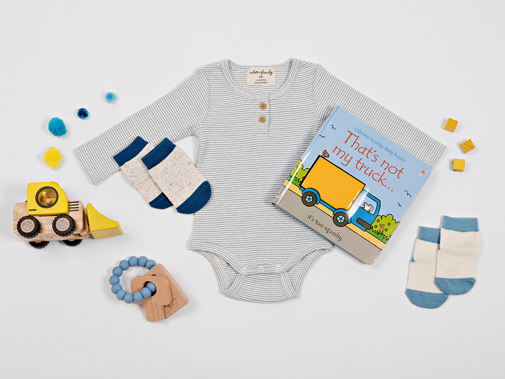 Baby boy gift with a Wilson and Frenchy bodysuit and book and wooden toy