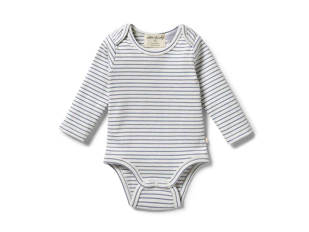 Wilson and Frenchy BLue Depths Long sleeve ribbed bodysuit organic cotton for babies at Young Willow