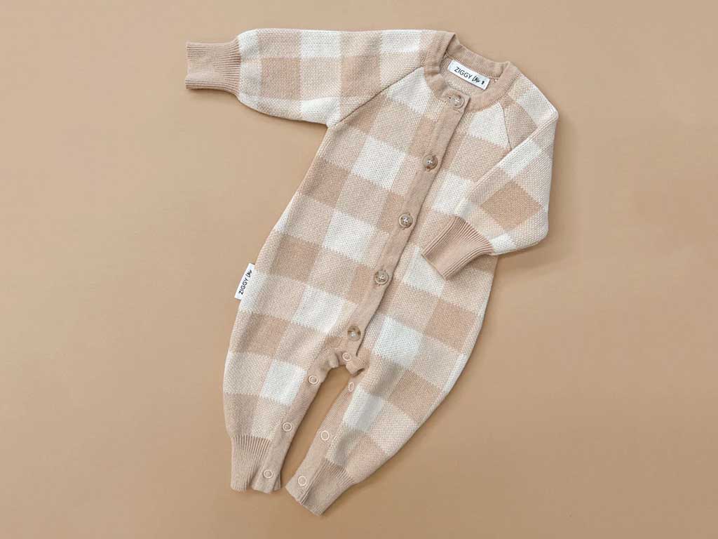 Ziggy Lou classic knit romper in gingham flatlay young willow