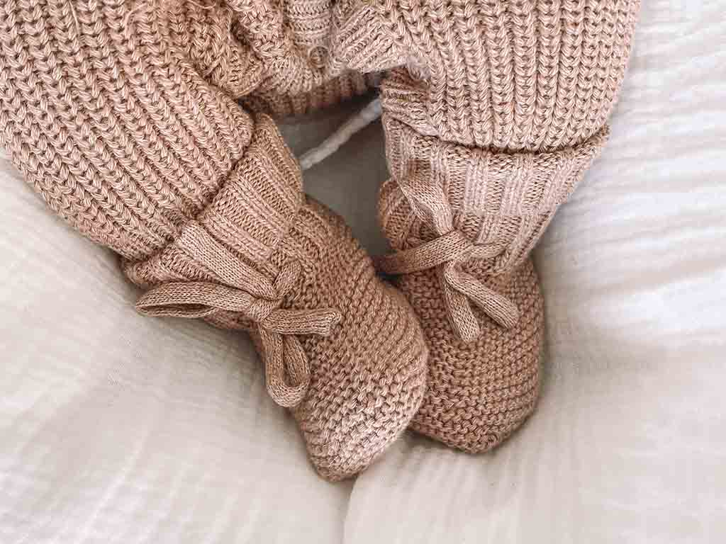 Ziggy Lou Fawn knitted booties for babies at Young Willow a Stockist